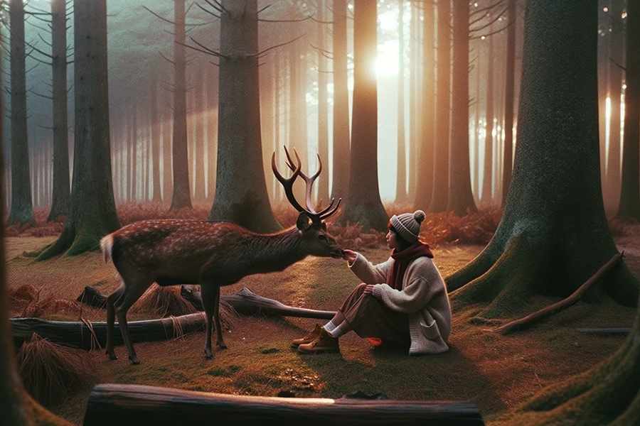 Deer and human in the forest